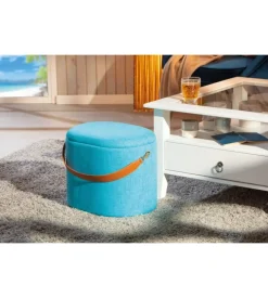Pouf azzurro con contenitore e maniglia in ecopelle, 42x30x36cm