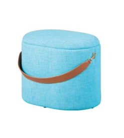Pouf azzurro con contenitore e maniglia in ecopelle, 42x30x36cm