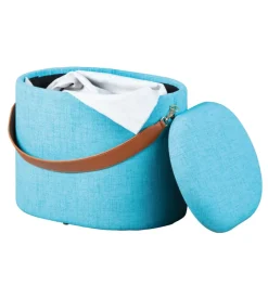 Pouf azzurro con contenitore e maniglia in ecopelle, 42x30x36cm