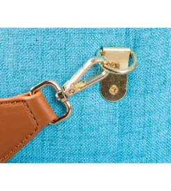 Pouf azzurro con contenitore e maniglia in ecopelle, 42x30x36cm