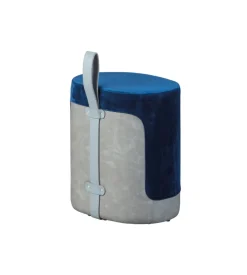 Pouf blu e grigio con maniglia in ecopelle, 38x32,5x43 cm