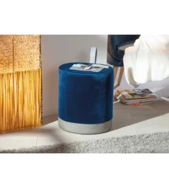 Pouf blu e grigio con maniglia in ecopelle, 38x32,5x43 cm