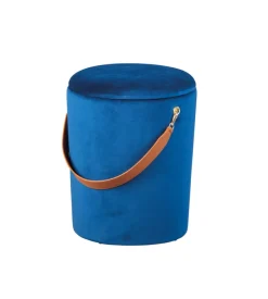 Pouf "secchiello" in velluto blu con maniglia, 35x35x45 cm