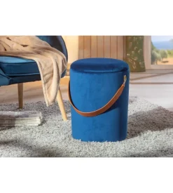 Pouf "secchiello" in velluto blu con maniglia, 35x35x45 cm