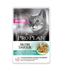 Pro plan delicate,  alimento umido per gatto, teneri pezzetti in salsa con pesce dell'oceano.