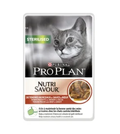 Pro plan  sterilised, alimento umido per gatto, teneri pezzetti in salsa con manzo.