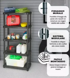 Scaffale 5 ripiani in polipropilene "oceano" nero portata 220 kg 80x30x188 cm