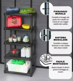 Scaffale 5 ripiani in polipropilene "helios" nero portata 250 kg 80x40x188 cm