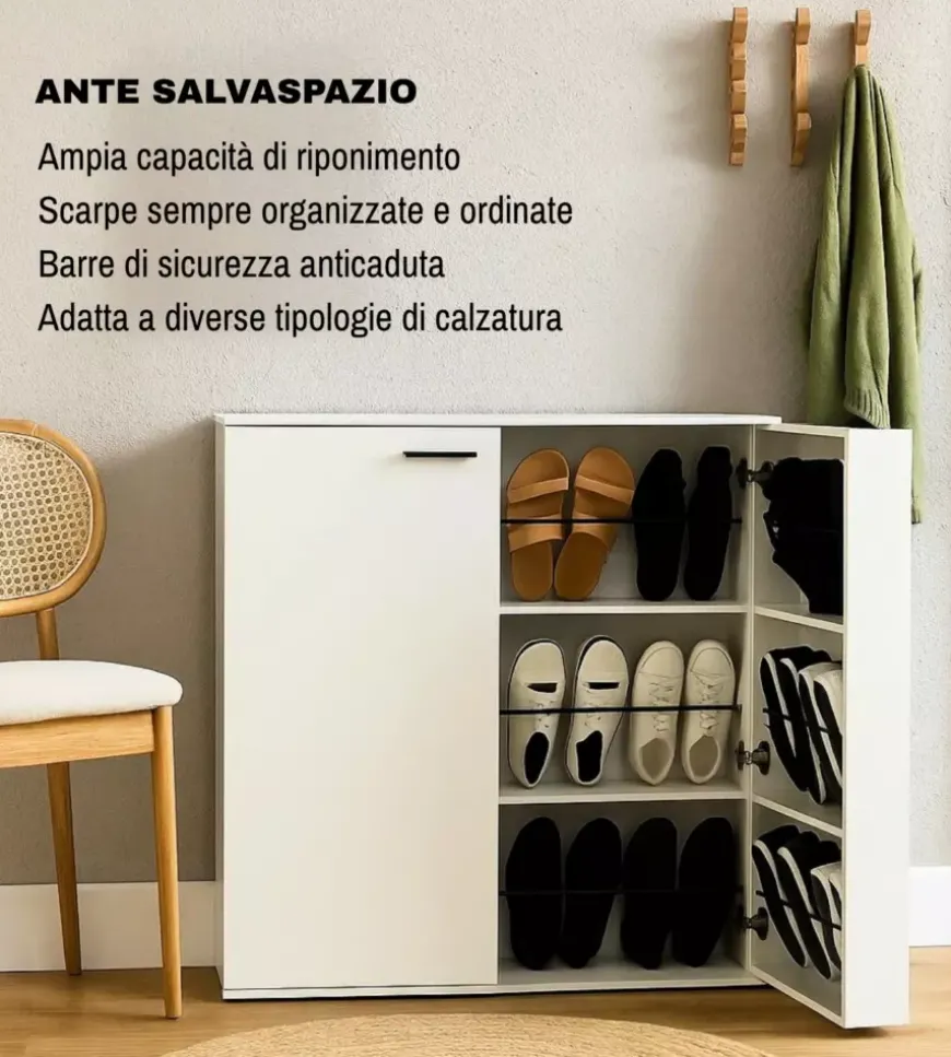 Scarpiera 2 ante bellahome con ante salvaspazio bianco 100x33,8x110 cm