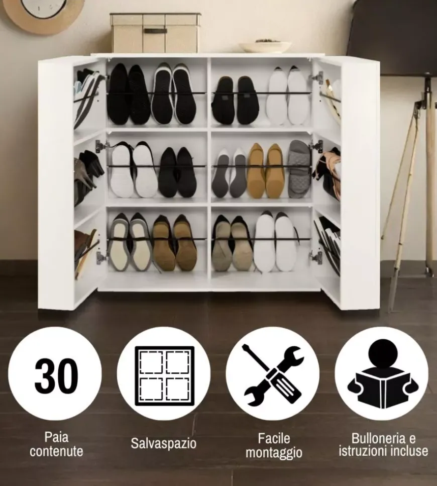 Scarpiera 2 ante bellahome con ante salvaspazio bianco 100x33,8x110 cm