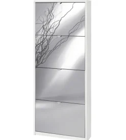 Scarpiera bianca con 4 ante a specchio, 63x18x154 cm
