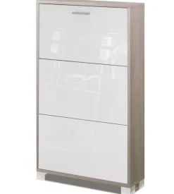 Scarpiera olmo e bianco lucido con 3 ante, 70x118x18 cm