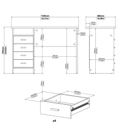 Scrivania con 4 cassetti bianca, 110x76x48,5 cm