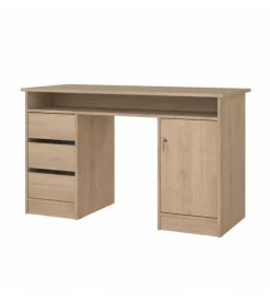 Scrivania con anta e 3 cassetti in truciolato colore quercia, 126x55x75,6 cm