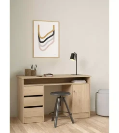 Scrivania con anta e 3 cassetti in truciolato colore quercia, 126x55x75,6 cm