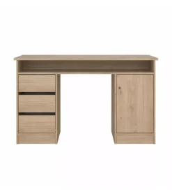 Scrivania con anta e 3 cassetti in truciolato colore quercia, 126x55x75,6 cm