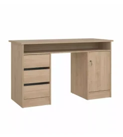 Scrivania con anta e 3 cassetti in truciolato colore quercia, 126x55x75,6 cm