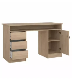 Scrivania con anta e 3 cassetti in truciolato colore quercia, 126x55x75,6 cm