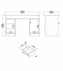 Scrivania con anta e 3 cassetti in truciolato colore quercia, 126x55x75,6 cm
