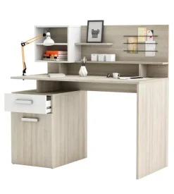 Scrivania con sopralzo bianco e quercia, 121x58x119 cm