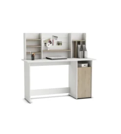 Scrivania con testata di riponimento  "ambre" colore bianco e quercia, 135x50x74 cm