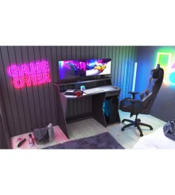 Scrivania "gaming" nera con portacuffie e passacavi, 123,5x59,8x90,2 cm