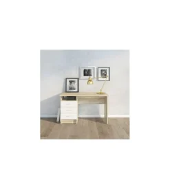 Scrivania in mdf effetto quercia con tre cassetti bianchi, 72x48x120 cm