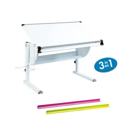 Scrivania inclinabile con colori intercambiabili, contenitore e gambe in metallo.