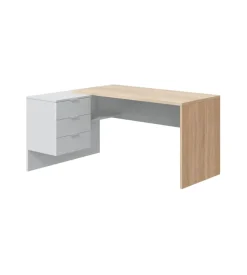 Scrivania reversibile con 3 cassetti bianca e rovere, 145x108x73 cm