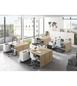 Scrivania reversibile con 3 cassetti bianca e rovere, 145x108x73 cm