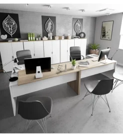 Scrivania reversibile con 3 cassetti bianca e rovere, 145x108x73 cm