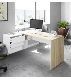 Scrivania reversibile con 3 cassetti bianca e rovere, 145x108x73 cm