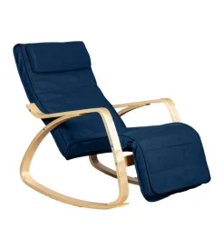 Sedia a dondolo "diana" in legno con cuscini blu, 67x127x90 cm