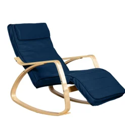 Sedia a dondolo "diana" in legno con cuscini blu, 67x127x90 cm