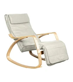 Sedia a dondolo "diana" in legno con cuscini bianchi, 67x127x90 cm