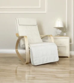 Sedia a dondolo "diana" in legno con cuscini bianchi, 67x127x90 cm