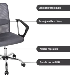 Sedia da ufficio traspirante bellahome "stanford" con braccioli in tessuto grigio 56x53,5x91,5-101,5 cm