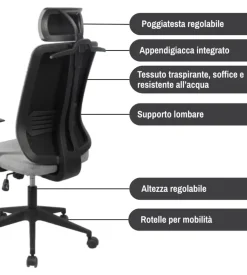 Sedia da ufficio traspirante bellahome "yale" con braccioli, poggiatesta regolabile, appendigiacca in tessuto grigio 62x65x114-123 cm