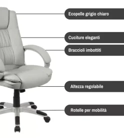 Sedia ufficio bellahome "columbia" con braccioli in ecopelle grigio 66,5x70x109-118 cm