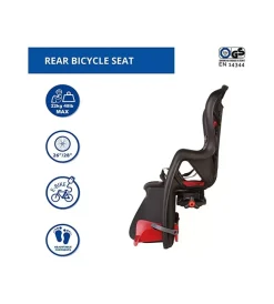 Seggiolino posteriore nero e rosso per bicicletta per bambini, max. 22 kg, da 3 a 8 anni - si fissa al portapacchi