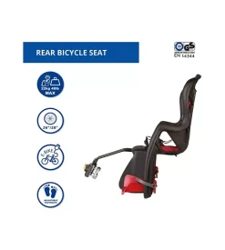 Seggiolino posteriore nero e rosso per bicicletta per bambini, max. 22 kg, da 3 a 8 anni - si fissa al telaio