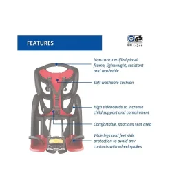 Seggiolino posteriore nero e rosso per bicicletta per bambini, max. 22 kg, da 3 a 8 anni - si fissa al telaio