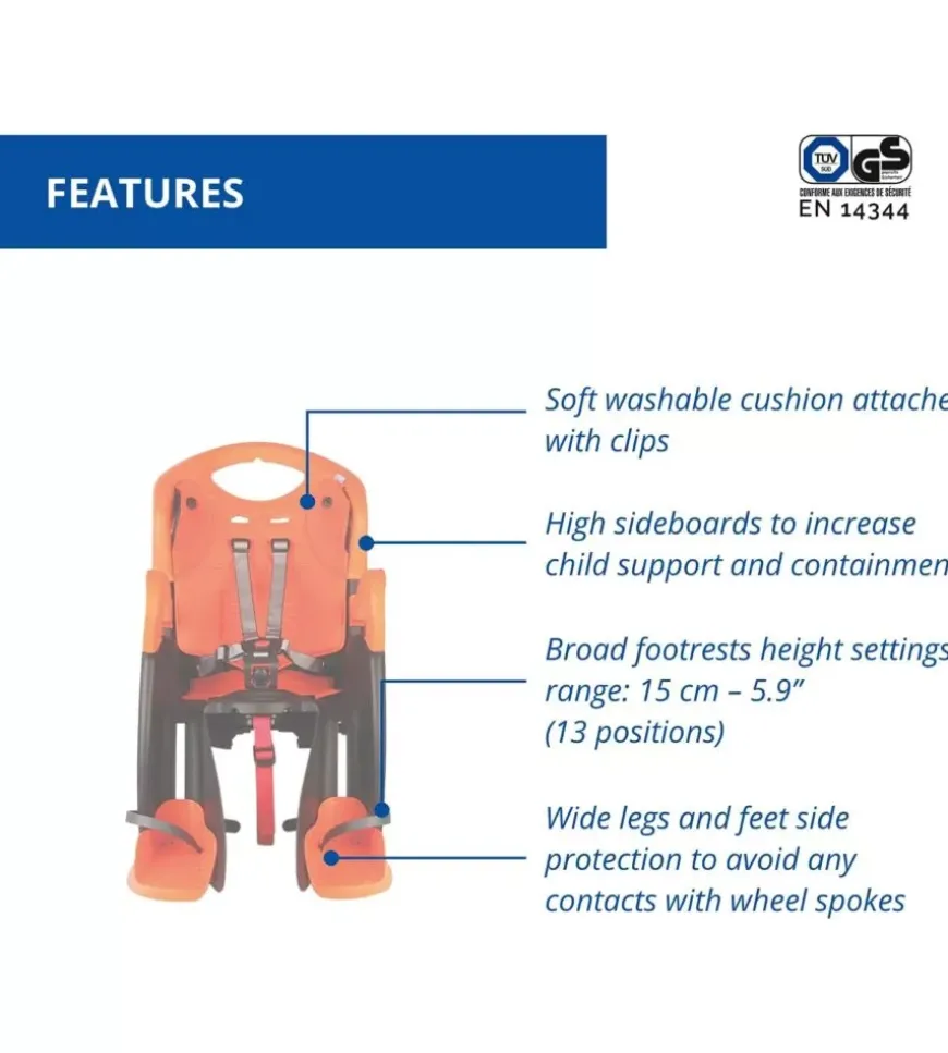 Seggiolino posteriore per bicletta bellelli "tiger clamp" grey/orange, portata massima 22 kg