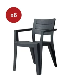 Set 6 sedie da esterno impilabili keter "julie" in polipropilene grafite effetto legno 61,5x58,5x79 cm