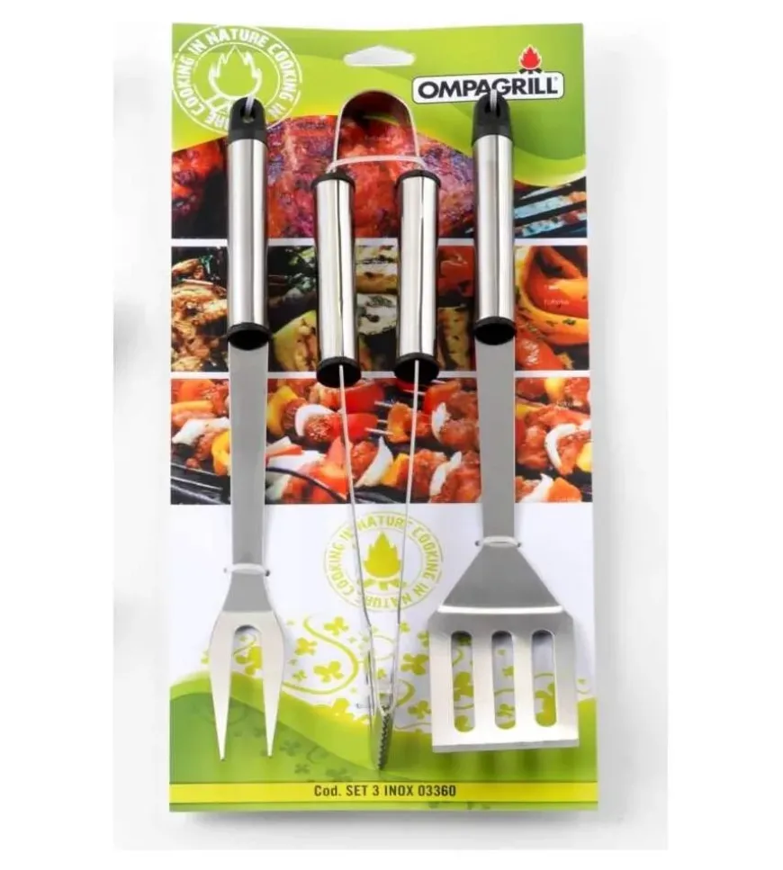Set 3 utensili per barbecue ompagrill in acciaio 36 cm