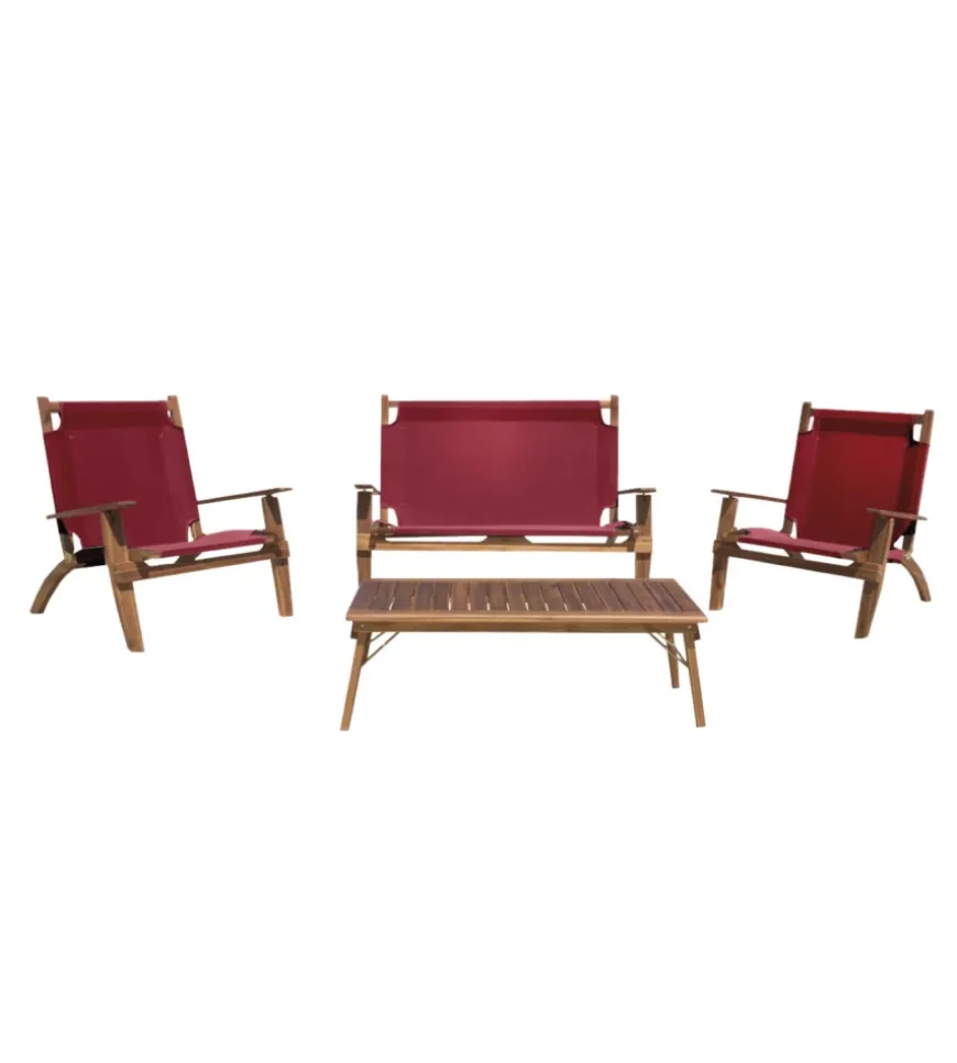 Set da esterno pieghevole eurogarden "primavera" in legno di acacia e poliestere bordeaux 4 sedute e tavolino
