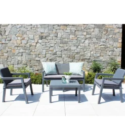 Set da giardino elica garden "delaware" in polipropilene grigio con 2 poltrone, un divano e un tavolino