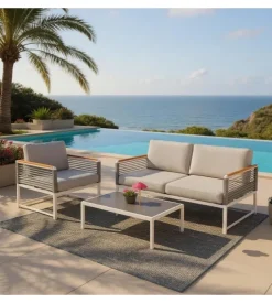 Set da giardino riviera "papavero" bianco e grigio chiaro con 4 posti e tavolino