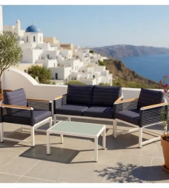 Set da giardino riviera "papavero" bianco e blu con 4 posti e tavolino