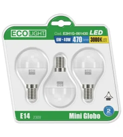 Set di 3 lampadine led 6 w luce calda 3000° k- mini globo